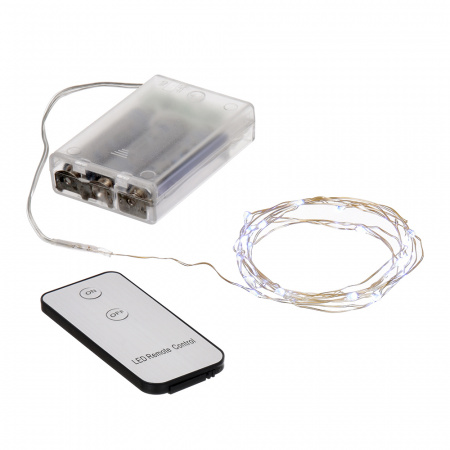 Электрогирлянда "Нить" 20 холодных LED ламп РОСА, серебристый провод, 2 м, на батарейках (не в комплекте), с пультом, дисплей-бокс /200/50