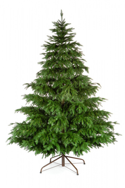Ель из премиальной линейки. Насыщенный цвет веток и яркие прожилки делают дерево визуально объемным и  богатым. Ствол состоит из нескольких частей и окутан в коричневую хвою, имитирующую кору. У ели два варианта распушения. Когда лапки подгибаются вниз и 
