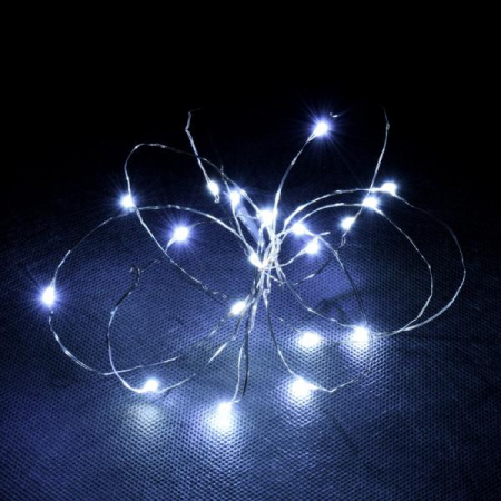 Электрогирлянда "Нить" 20 холодных LED ламп РОСА, серебристый провод, 2 м, на батарейках (не в комплекте), с пультом, дисплей-бокс /200/50